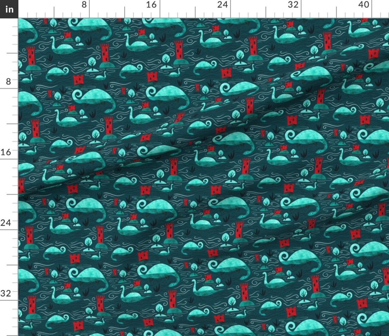Loch Ness Monster Nessie Teal Blue Red Scotland Mythology Cryptozoology Custom Printed Fabric by Spoonflower Various Fabrics by the Yard or Fat Quarter